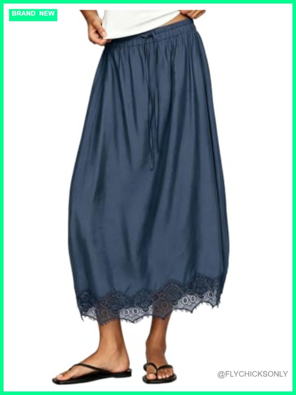 Lace Hem Maxi Skirt A-Line Elastic High Waist Lightweight Rayon Blend